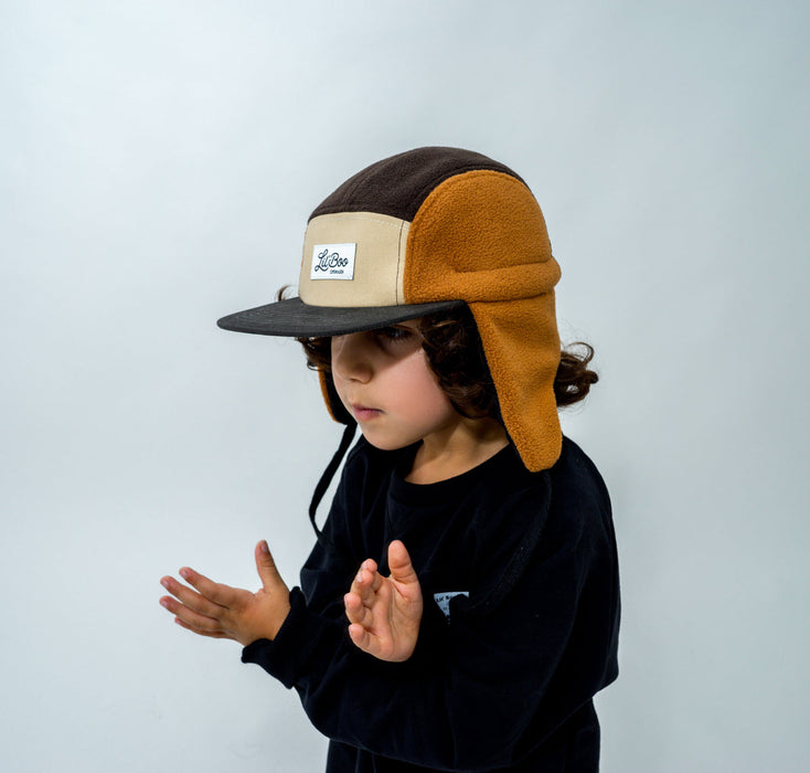 Cap, Block Fleece 5-Panel met oren-Bruin (maat XL, 7-14 jaar)