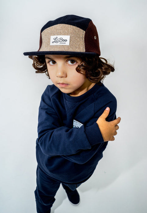 Cap, blokwol 5-panel-bruin (maat XL, 7-14 jaar)