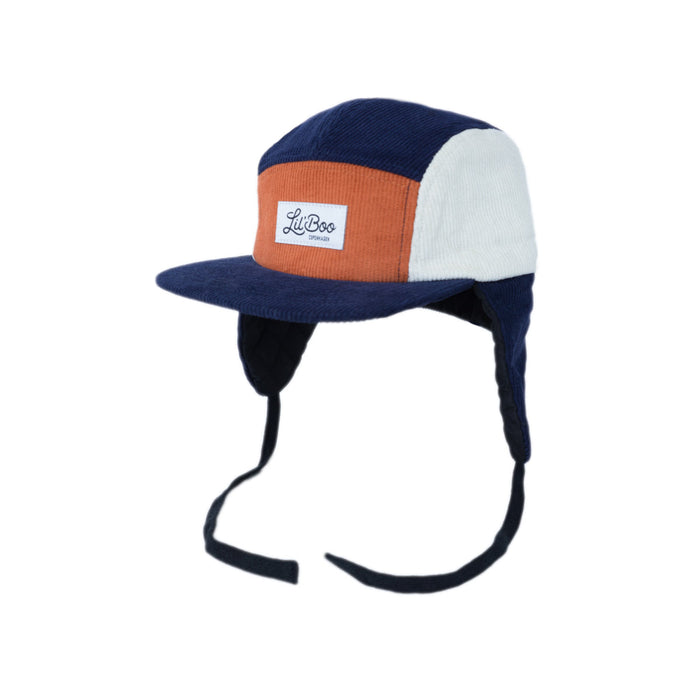 Dop, corduroy blok 5-panel met oren-marine / karamel (maat m, 1,5-3 jaar)