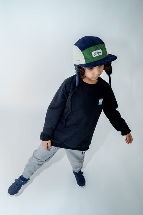 Dop, corduroy blok 5-panel met oren-marine / groen (maat L, 4-7 jaar)