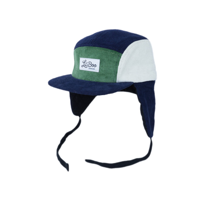 Dop, corduroy blok 5-panel met oren-marine / groen (maat L, 4-7 jaar)