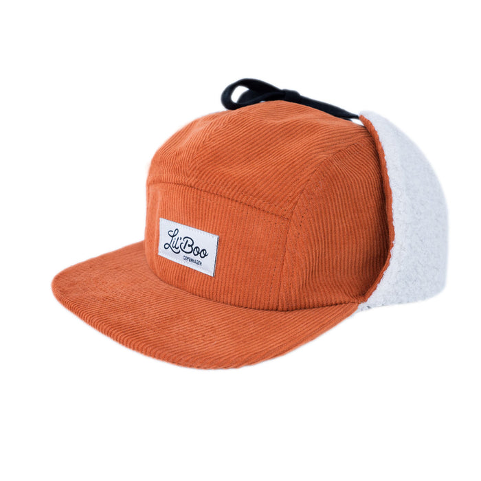 Cap, teddy corduroy 5-panel met oren-karamel (maat m, 1,5-3 jaar)