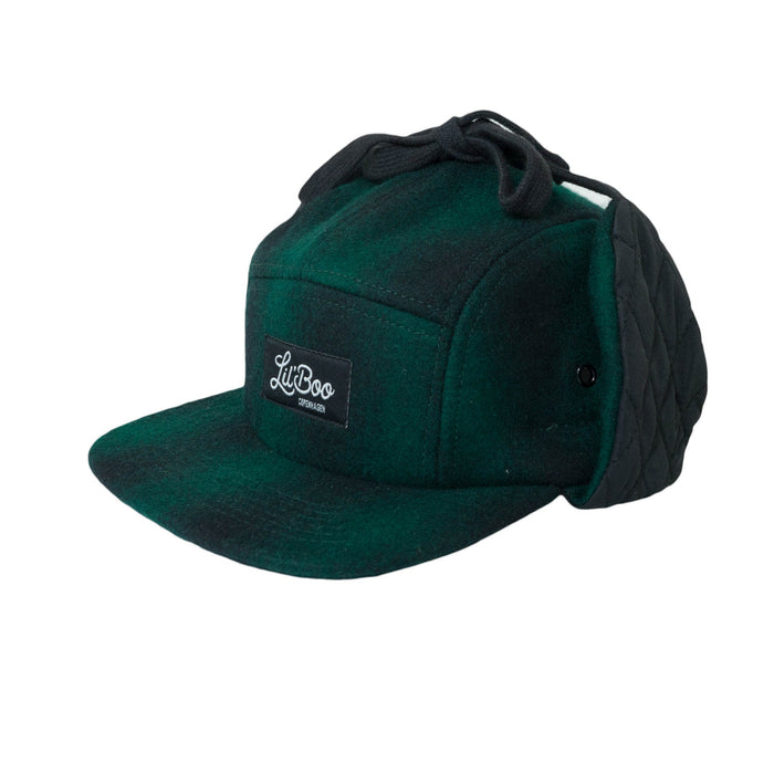 Cap, wol 5-panel met oren-groen / zwart (maat L, 4-7 jaar)