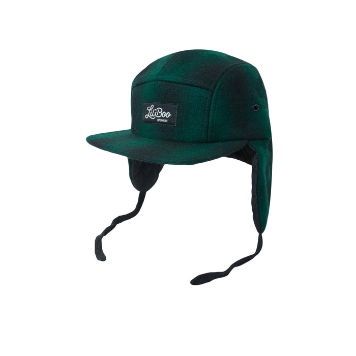 Cap, wol 5-panel met oren-groen / zwart (maat L, 4-7 jaar)