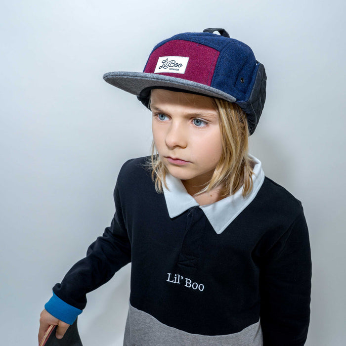 Cap, wollen blok 5-panel met oren-bordeaux / grijs / marine (maat m, 1,5-3 jaar)