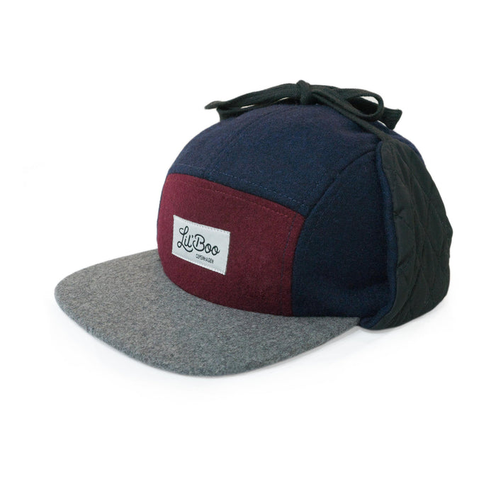 Cap, wollen blok 5-panel met oren-bordeaux / grijs / marine (maat L, 4-7 jaar)