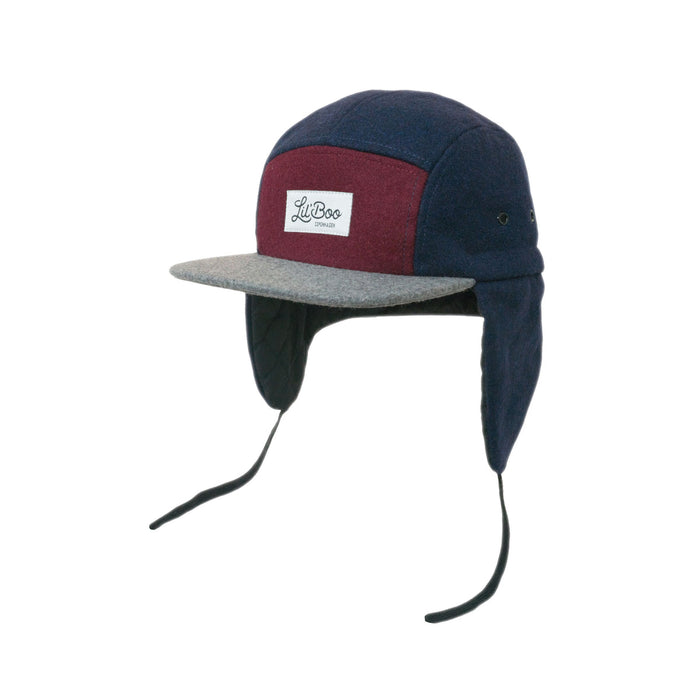 Cap, wollen blok 5-panel met oren-bordeaux / grijs / marine (maat XL, 7-14 jaar)