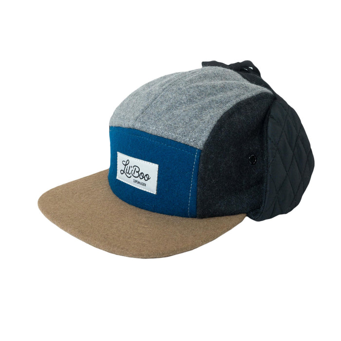 Cap, wollen blok 5-panel met oren-grijs/blauw (maat L, 4-7 jaar)