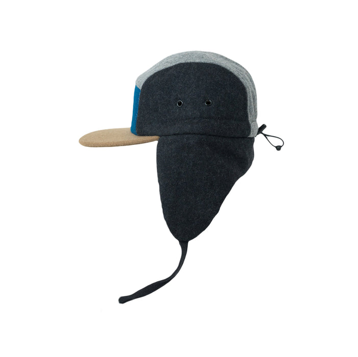 Dop, wollen blok 5-panel met oren-grijs/blauw (maat m, 1,5-3 jaar)