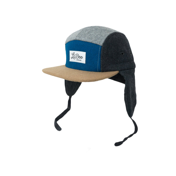 Dop, wollen blok 5-panel met oren-grijs/blauw (maat m, 1,5-3 jaar)