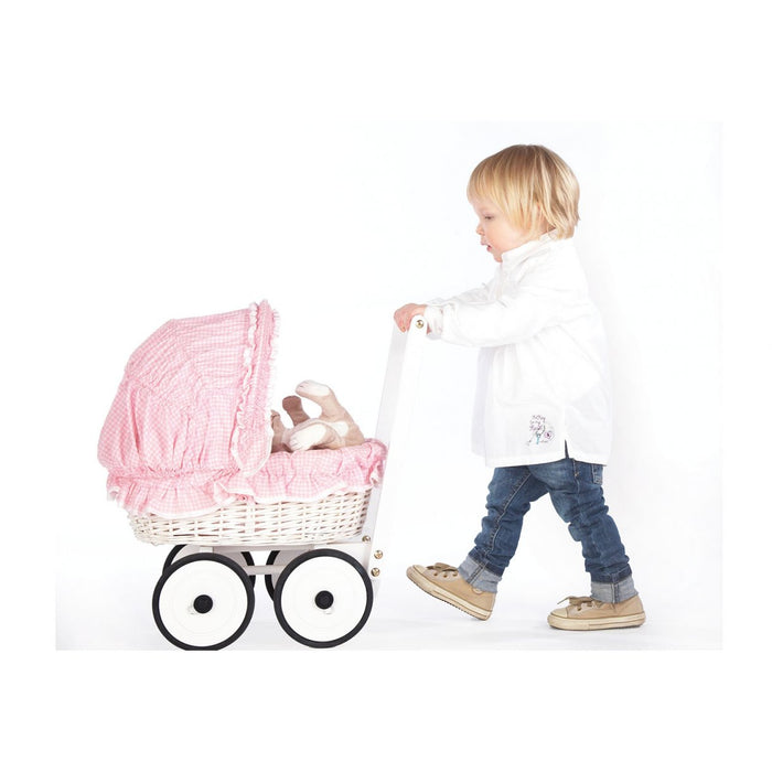 Doll's koets met rieten mand en beddengoedset, Marion - Beech Wicker, White