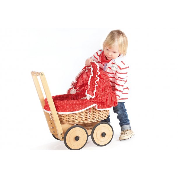 Doll's koets met rieten mand en beddengoedset, Mona - Beech Wicker, Red