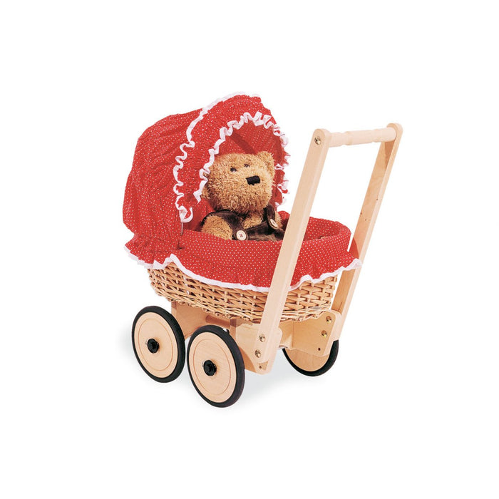 Doll's koets met rieten mand en beddengoedset, Mona - Beech Wicker, Red