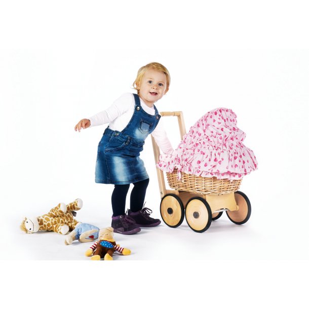 Doll's koets met rieten mand en beddengoedset, Mona - Beech Wicker, Rosa