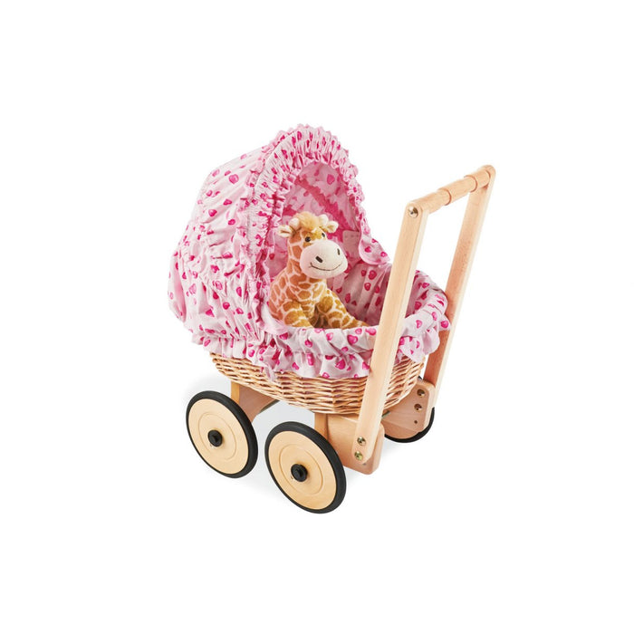 Doll's koets met rieten mand en beddengoedset, Mona - Beech Wicker, Rosa