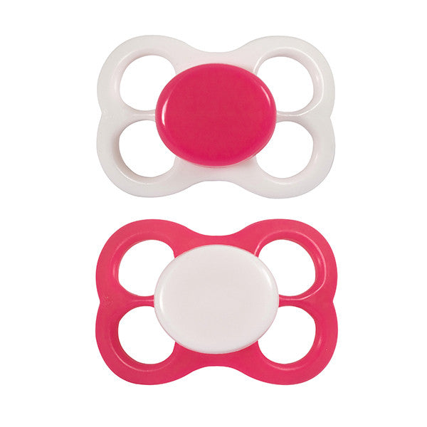 2 pacifiers (siliconen) 0-6 maanden, roze/wit