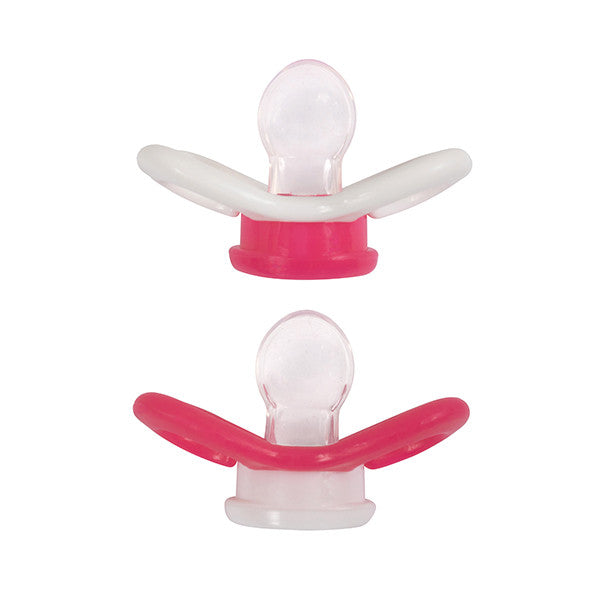 2 pacifiers (siliconen) 0-6 maanden, roze/wit