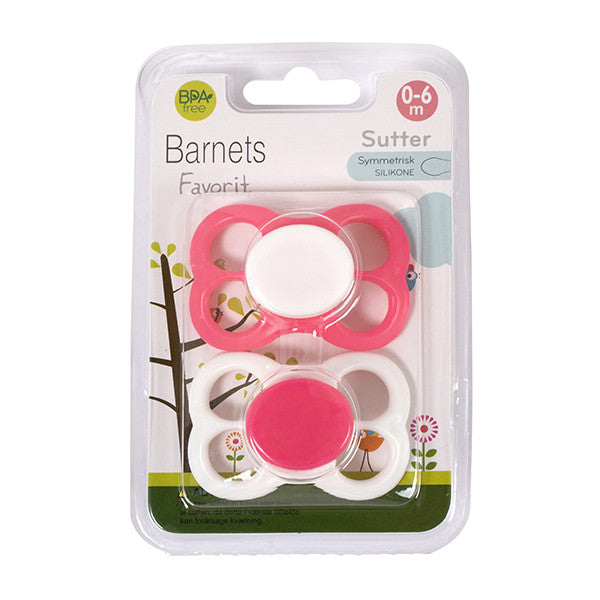 2 pacifiers (siliconen) 0-6 maanden, roze/wit